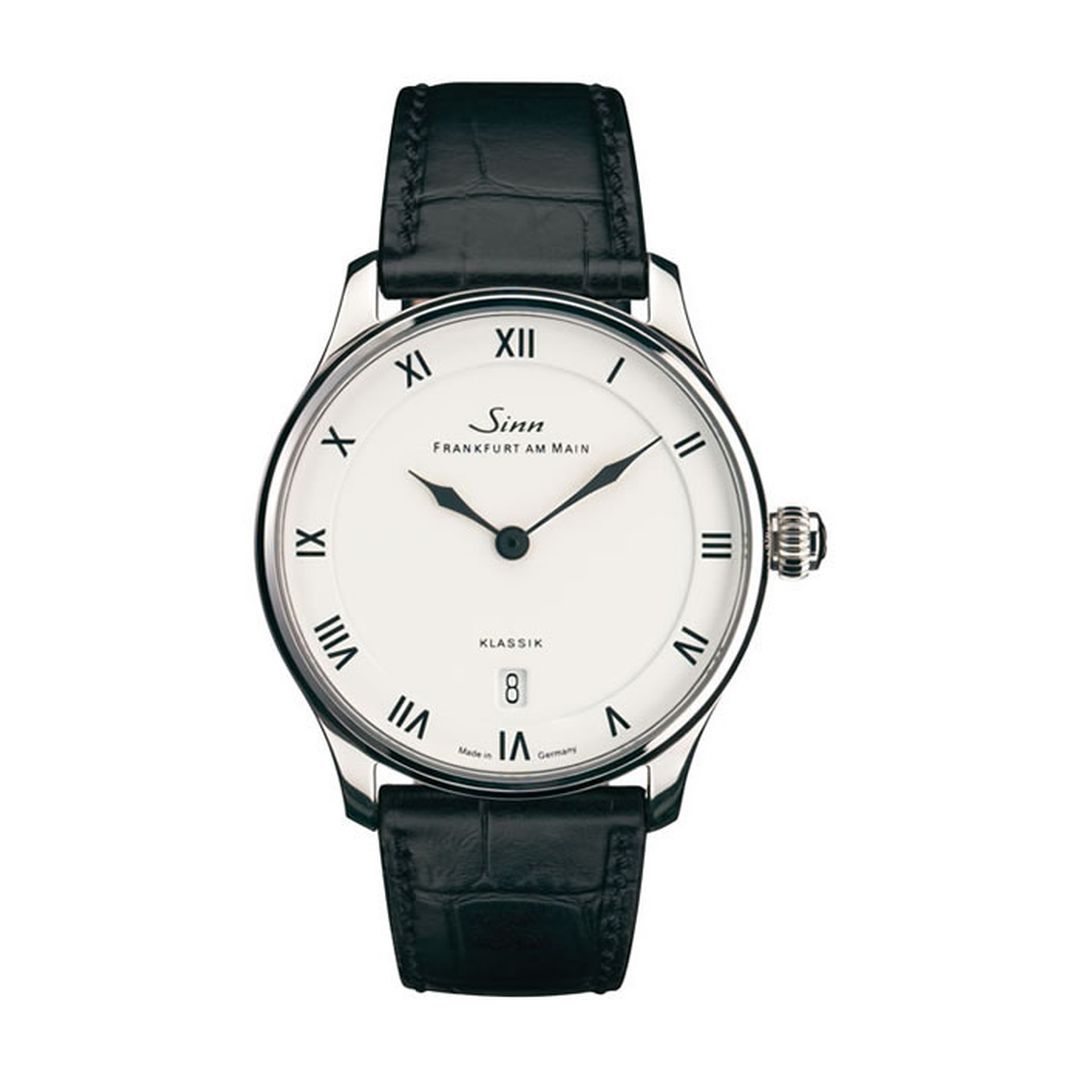 Buy SINN 1736 KLASSIK Watch, white dial chronograph, 100m water resistance, luxury timepiece | Leather | Black Leather Strap