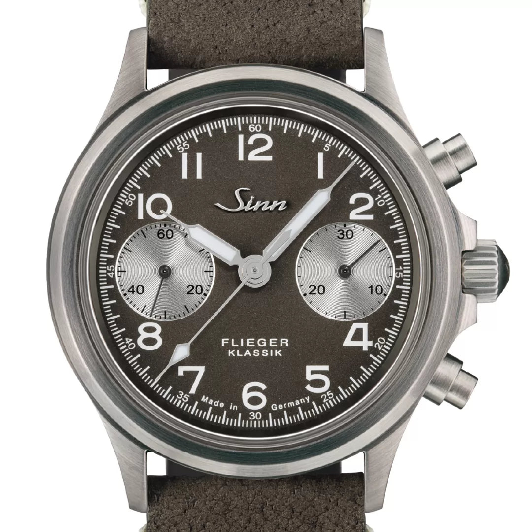 Close-up of Sinn 356 Pilot Classic Anniversary Watch Dial - Brown/Grey with Arabic Numerals - Available for Purchase