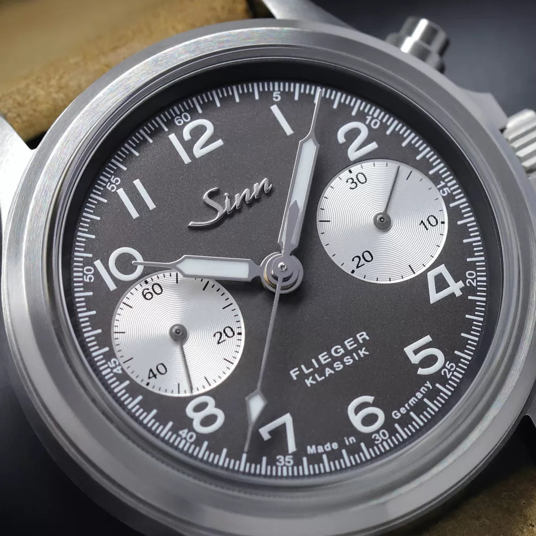 Buy Sinn 356 Pilot Classic Anniversary Automatic Watch - 38.5mm Stainless Steel Case with Brown/Grey Dial | Close view