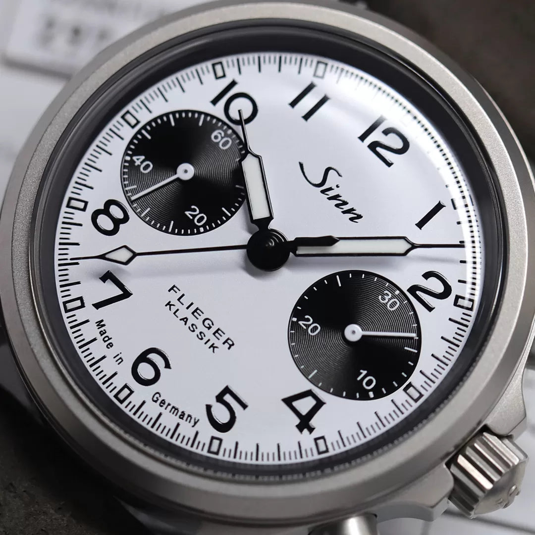 Close-up of Sinn 356 Pilot Classic W Watch Dial - White with Arabic Numerals - Available for Purchase