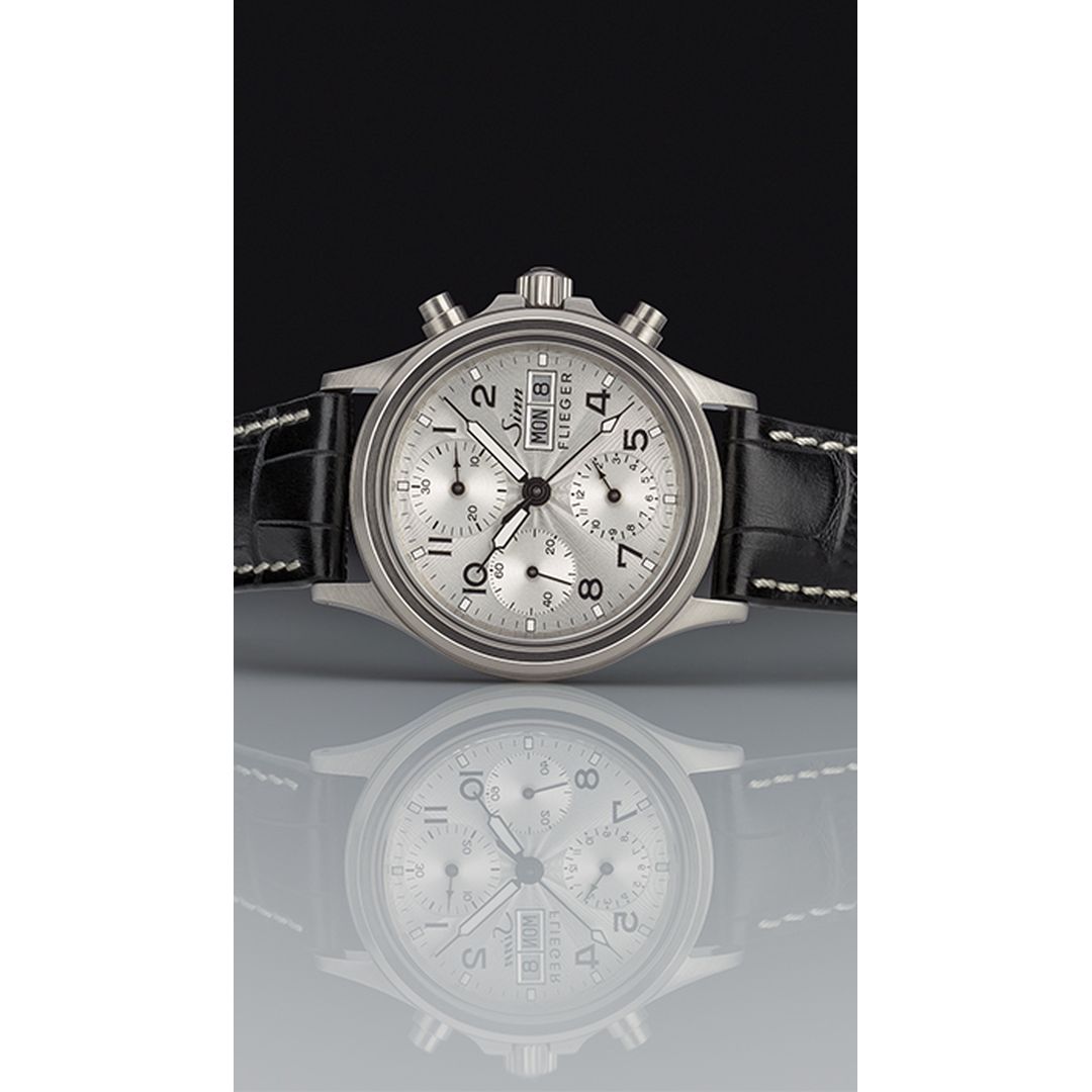 Buy Sinn 356 SA Pilot III Automatic Chronograph Watch - 38.5mm Stainless Steel Case with Silver Dial | Leather Strap | Black Strap