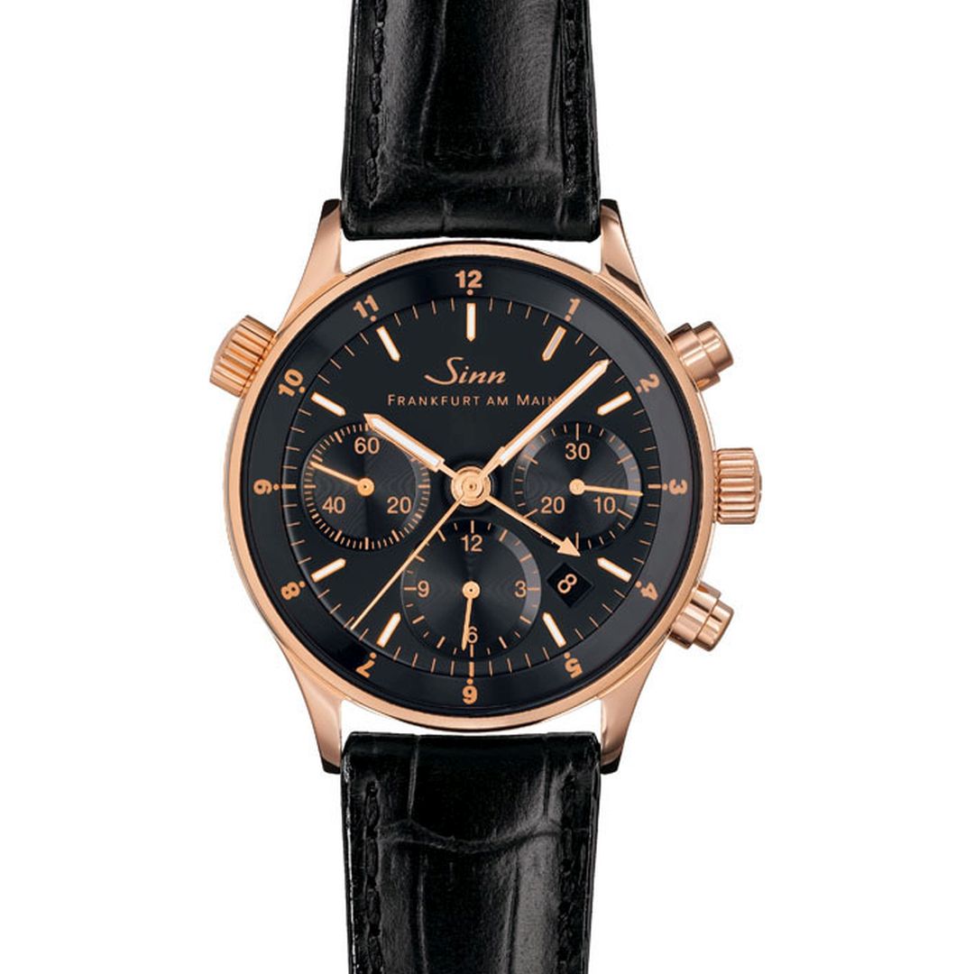Sinn 6000 Frankfurt Finance Rose Gold watch with black dial and rose gold case.