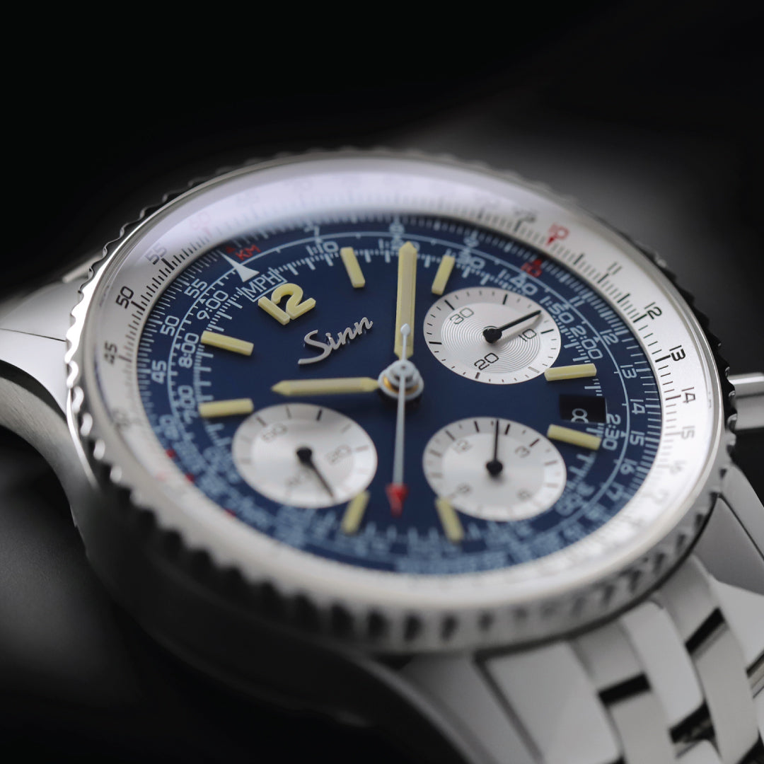 close up image of the SINN 903 ST BE II premium watch- water resistance 200m- chronograph watch-aviation inspired watch. Buy Now!