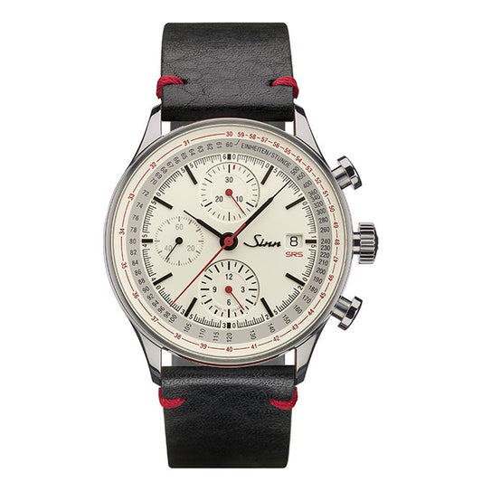 Front view of SINN 910 SRS chronograph watch with stainless steel case | Black | Stainless steel | Leather