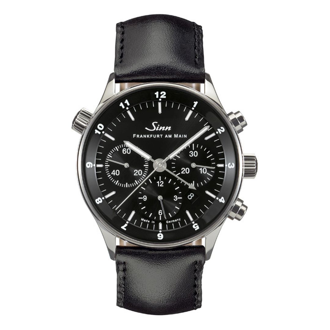 Front view of SINN 6099 watch with black dial, leather strap, and date display.