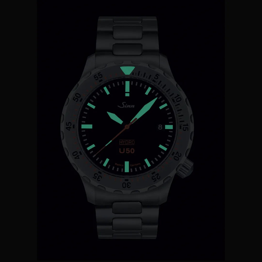 Sinn U50 HYDRO Watch with Luminous Dive Bezel | low-light visibility, tactical tool.