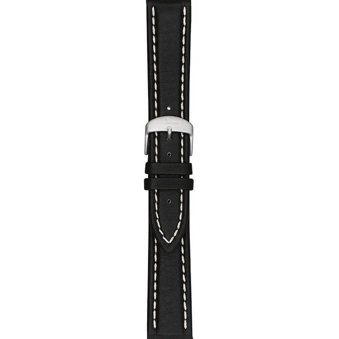 Watch band for Sinn cow hide strap, black, white stitching, 20mm