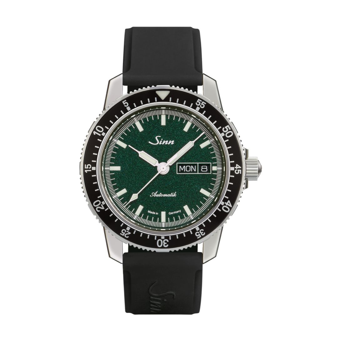 Order Today – Sinn 104 ST SA I MG Watch Green Dial Close-Up | Green dial watch, minimalist design, aviation timepiece.