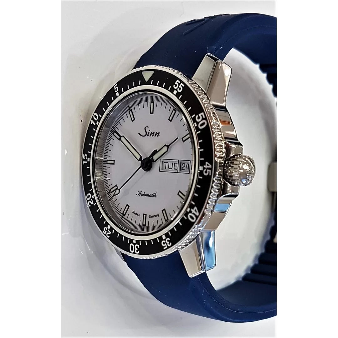 Order Today – Sinn 104 St Sa I W Watch White Dial Close-Up | White dial watch, minimalist design, aviation timepiece | Blue band | blue silicon band