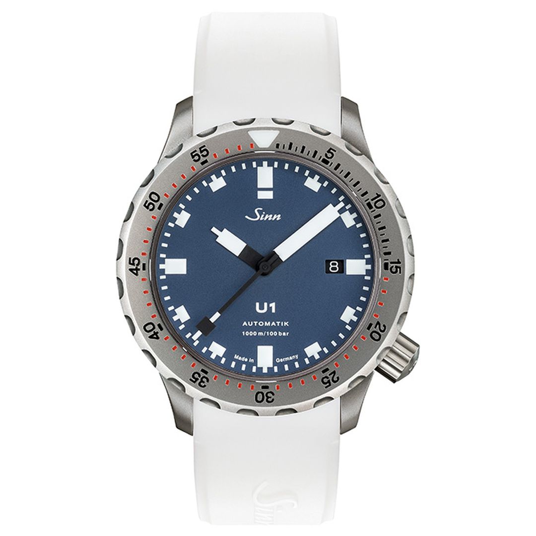 Shop Now – Sinn U1 B Watch with 24mm Lug Width | Blue dial watch, minimalist design, professional tool watch |white strap | white silicon strap